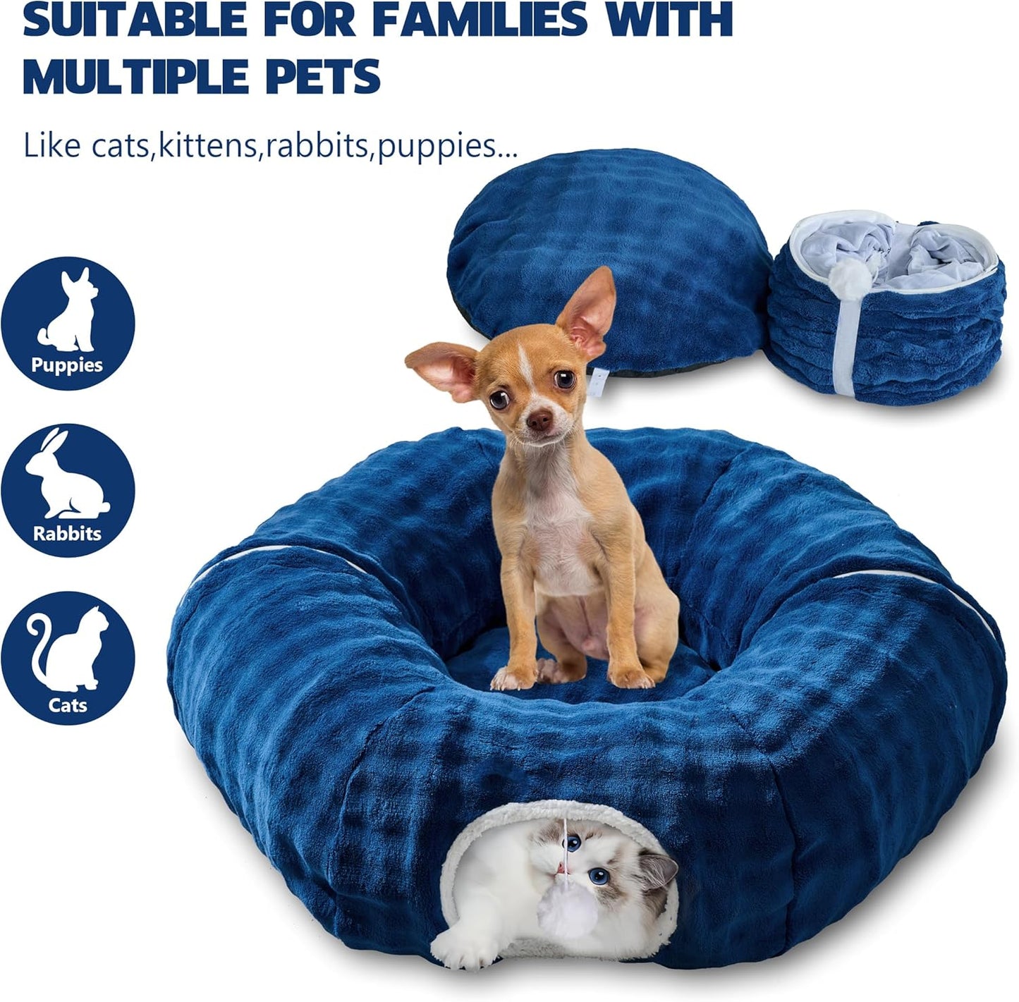 Bubble Cat Tunnel for Indoor Cats, Round Peekaboo Cave Toy with Dangling Balls, Donut Tunnel Bed with Circle Mat for Puppy Kitten Rabbit, Navy Blue