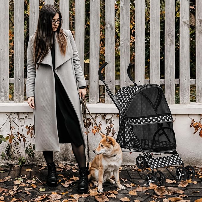 MoNiBloom 4 Wheels Pet Stroller, Easy-Fold Umbrella Shaped Dog Cat Jogger Stroller w/Storage Bag & Visible Mesh for Small/Medium Dogs Cats Black Polka Dots