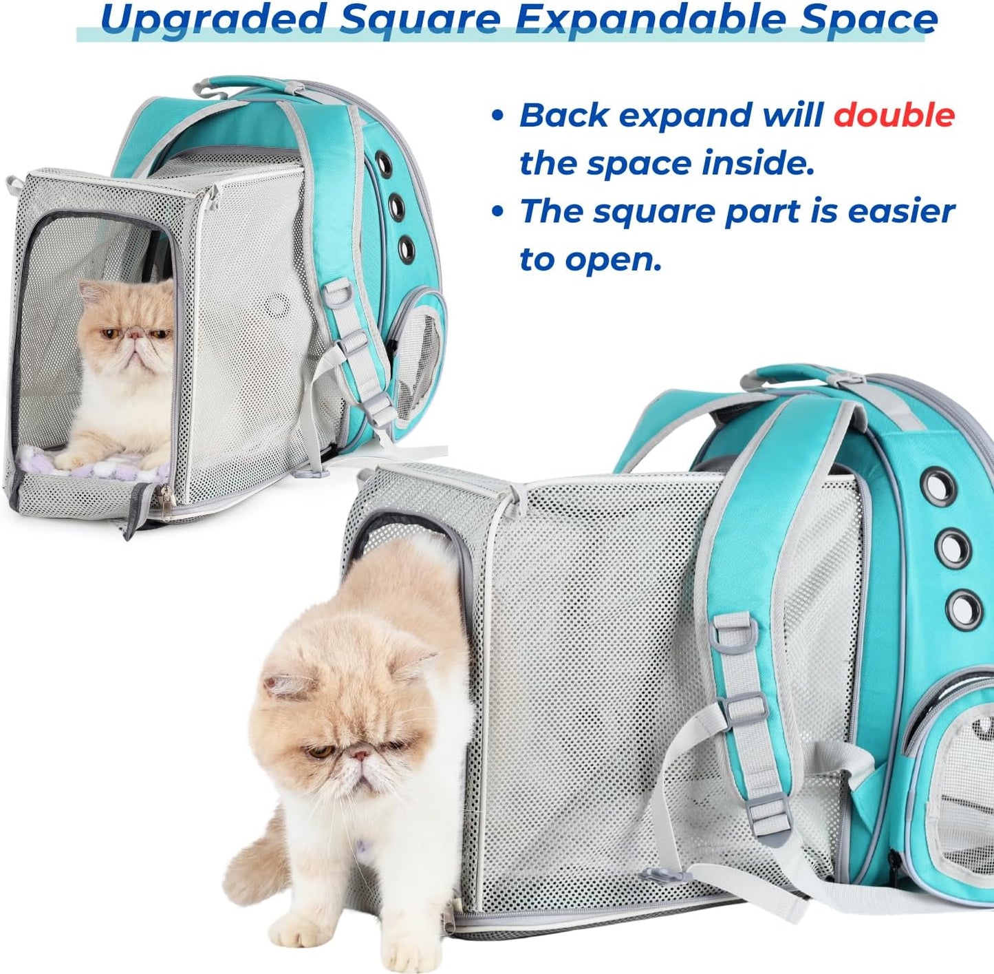 Lollimeow Cat Carrier Backpack, Bubble Expandable Backpack Carrier, Pets and Small Dogs,Airline-Approved, Designed for Travel, Hiking, Walking & Outdoor Use (Square Back Expandable-Green)