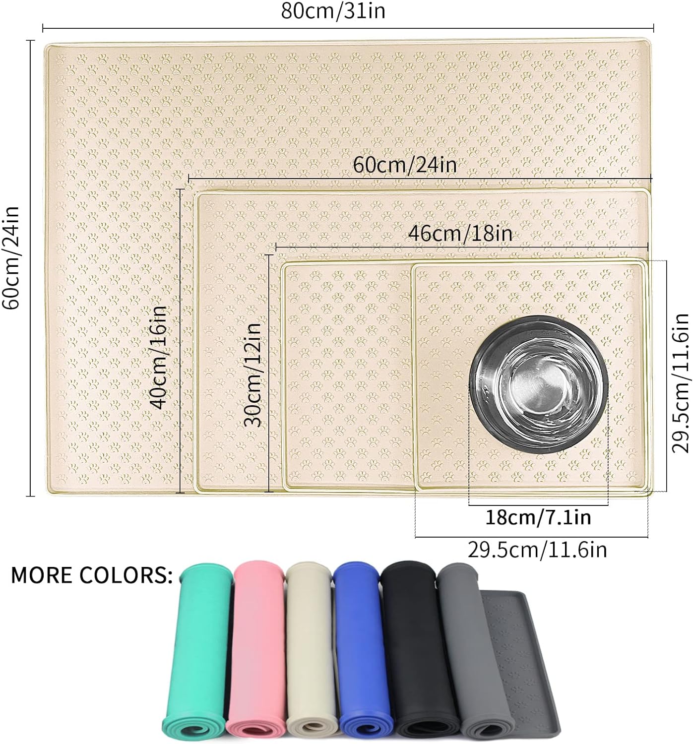 Ptlom Silicone Pet Placemat for Dog and Cat, Waterproof Anti-Slip Pet Feeding Bowl Mats for Food and Water, Small Medium Large Tray Mat Prevent Residues from Spilling to Floor, Beige, 31.5" 23.6"