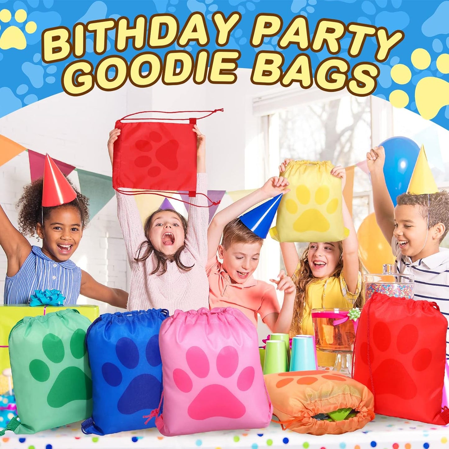 Yerliker 14 Pieces Paw Print Drawstring Bags Cute Paw Print Bags Bulk Reusable Dog Themed Party Favor Backpack Set Puppy Themed Drawstring Goodie Backpack with String for Birthday Gift Supplies