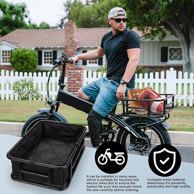 RAYMACE Rear Rack Bike Basket with Cargo Net and Liner Large Bicycle Basket Perfect Mount for Electric Bike
