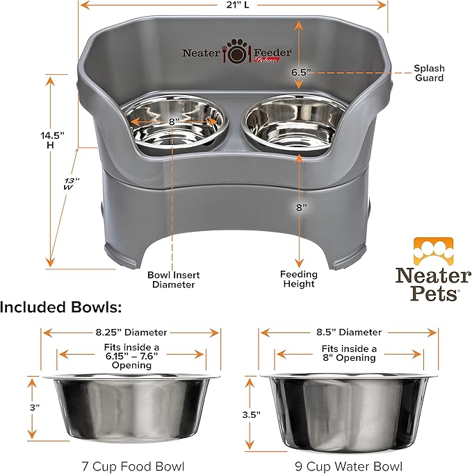 Neater Pet Brands Neater Feeder Deluxe Mess Proof Dog Bowls Elevated for Large Dogs Over 40 lbs, Made in USA, No Spill Raised Dog Food Bowl Stand Feeding Station, Food and Water Bowl Set, Grey