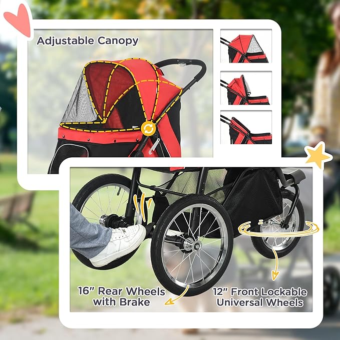 PawHut 3 Wheels Pet Stroller for Small and Medium Dogs, Foldable Cat Stroller Jogger with Adjustable Canopy, Safety Tether, Cushion, Storage Basket, Red