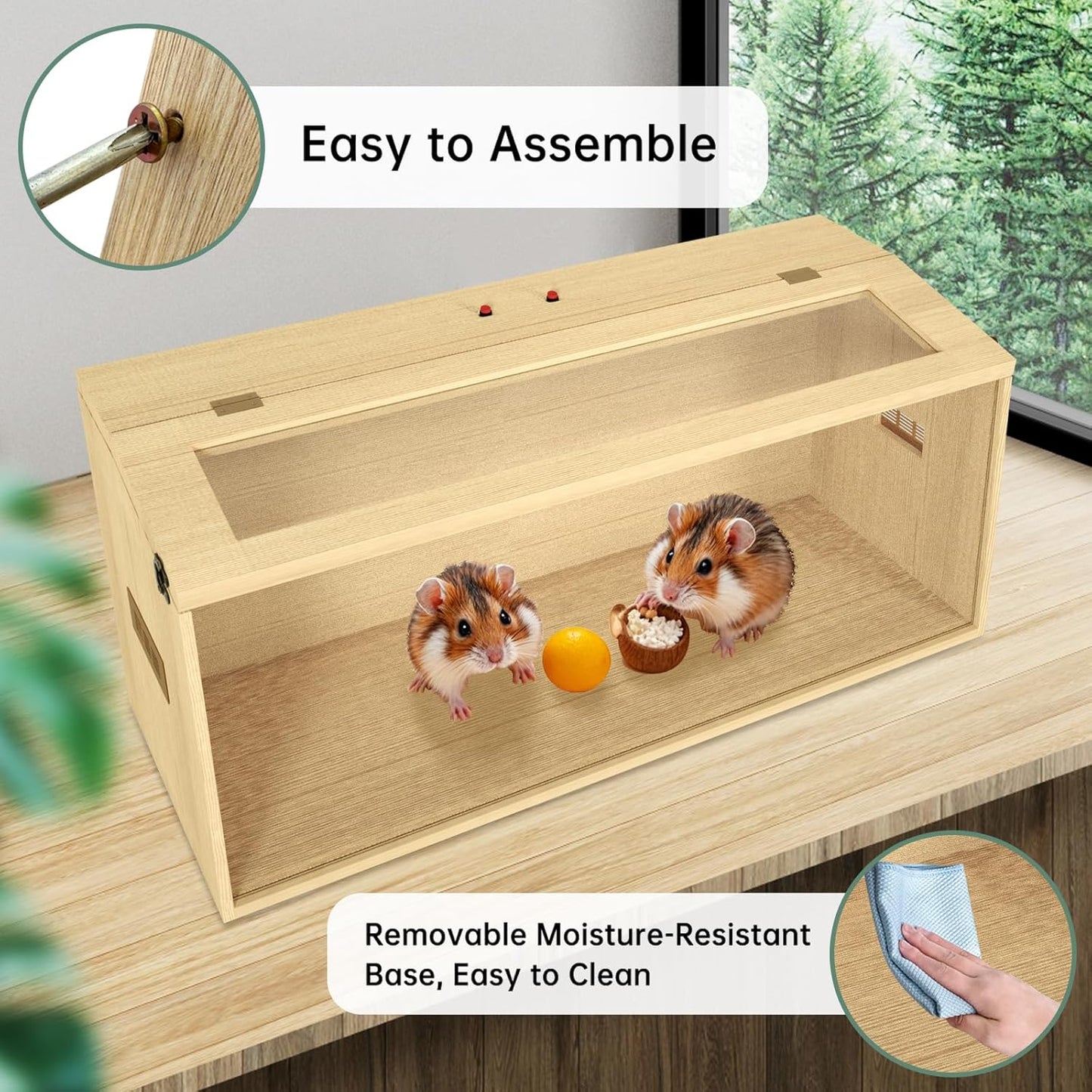 32" Hamster Habitat Enclosure, Top Opening Lockable Roof Door, Gerbil Dwarf Hamster Cage with Hygrometer, Chewproof Syrian Hamster Cage for Mice, Small Animal, (Wooden, 32" L x 16" W x 16" H)