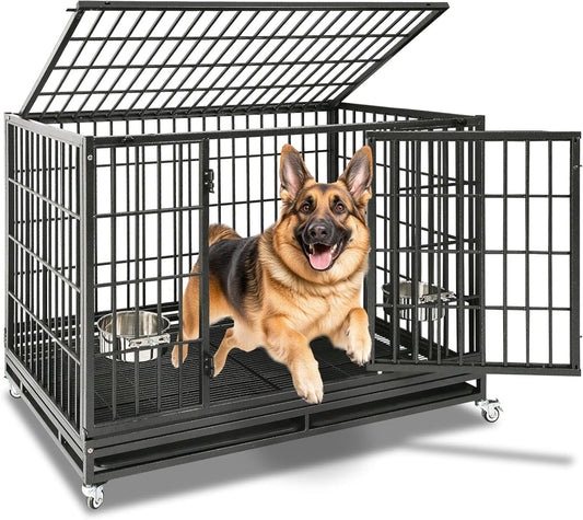 Homey Pet 48 Inch Stackable Heavy Duty Dog Crate Indestructible, Escape Proof Dog Cage with Wheels, Two Removable Trays, High Anxiety Dog Kennel Indoor, Extra Large XL XXL Dog Crates for Large Dogs