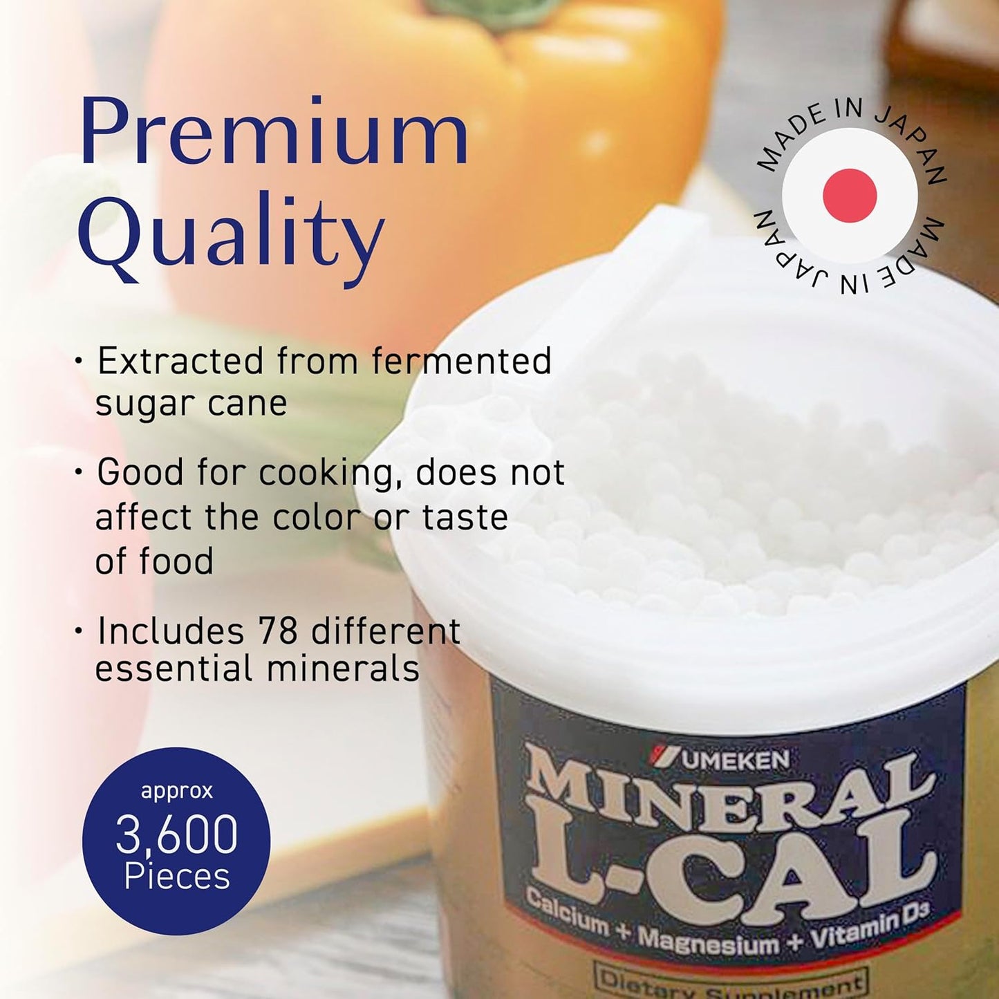 Umeken Mineral L-Cal Calcium with Vitamin D3, 6 Month Supply, Water Soluble Ball Format with Magnesium & Minerals, Fast Absorbing Calcium Magnesium D3 Supplement, 3,600 Balls, 360g, Pack of 1