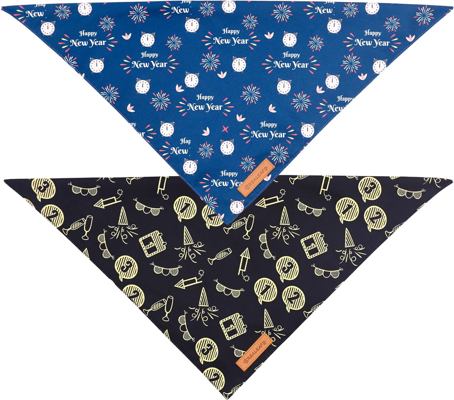 Realeaf Happy New Year Dog Bandanas 2 Pack, Reversible Holiday Pet Scarf for Boy and Girl, Premium Durable Fabric, Bandana for Small Medium Large and XLarge Dogs (Large)
