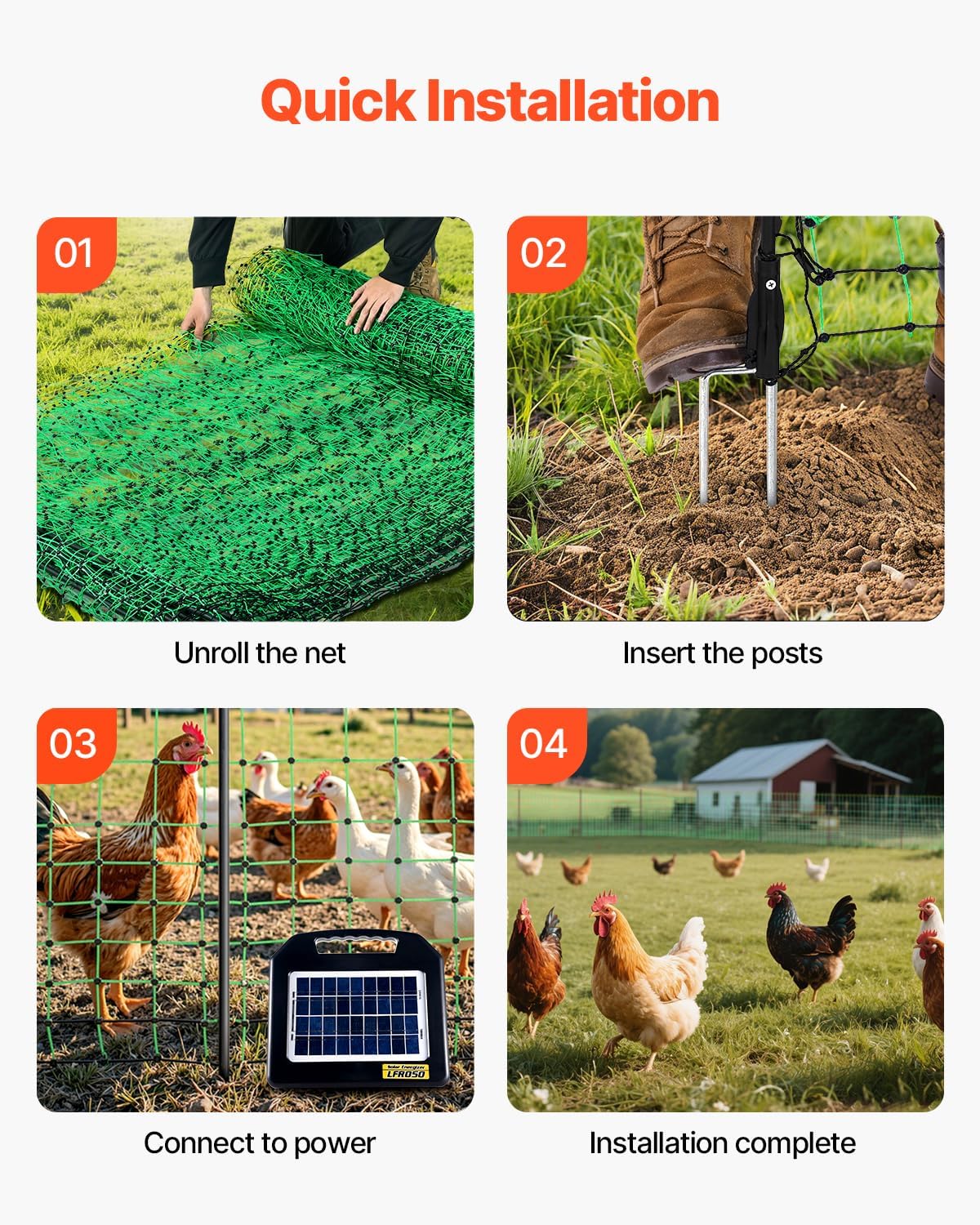 VEVOR Electric Fence Netting, 48" H x 100' L, PE Net Fencing Kit with Posts & Double-Spiked Stakes, Utility Portable Mesh for Chickens, Ducks, Geese, Rabbits, Used in Backyards, Farms, and Ranches