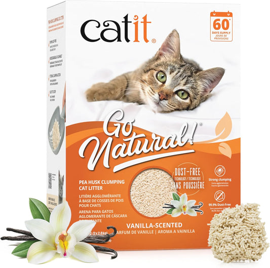 Catit - Go Natural Pea Husk Clumping Cat Litter - Lightweight, Dust Free, Easy Cleaning & Scooping, Flushable Kitty Litter with Odor Control & Subtle Fragrance - 12.3 Lbs, Vanilla Scented