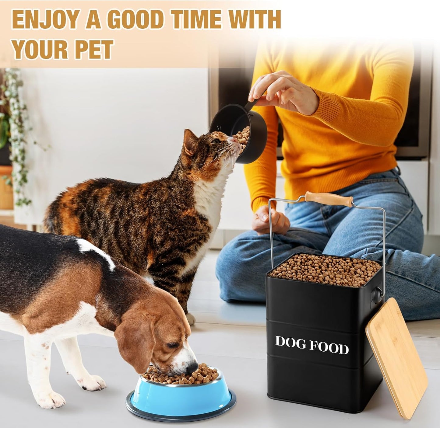 Tioncy 2 Pcs Metal Dog and Cat Food Storage Containers Big Pet Food Containers with Bamboo Lids and Spoon Airtight 5-7 Lbs Dog Cat Treat Snack Jars with DIY Labels for Kitchen Counter(White,Black)