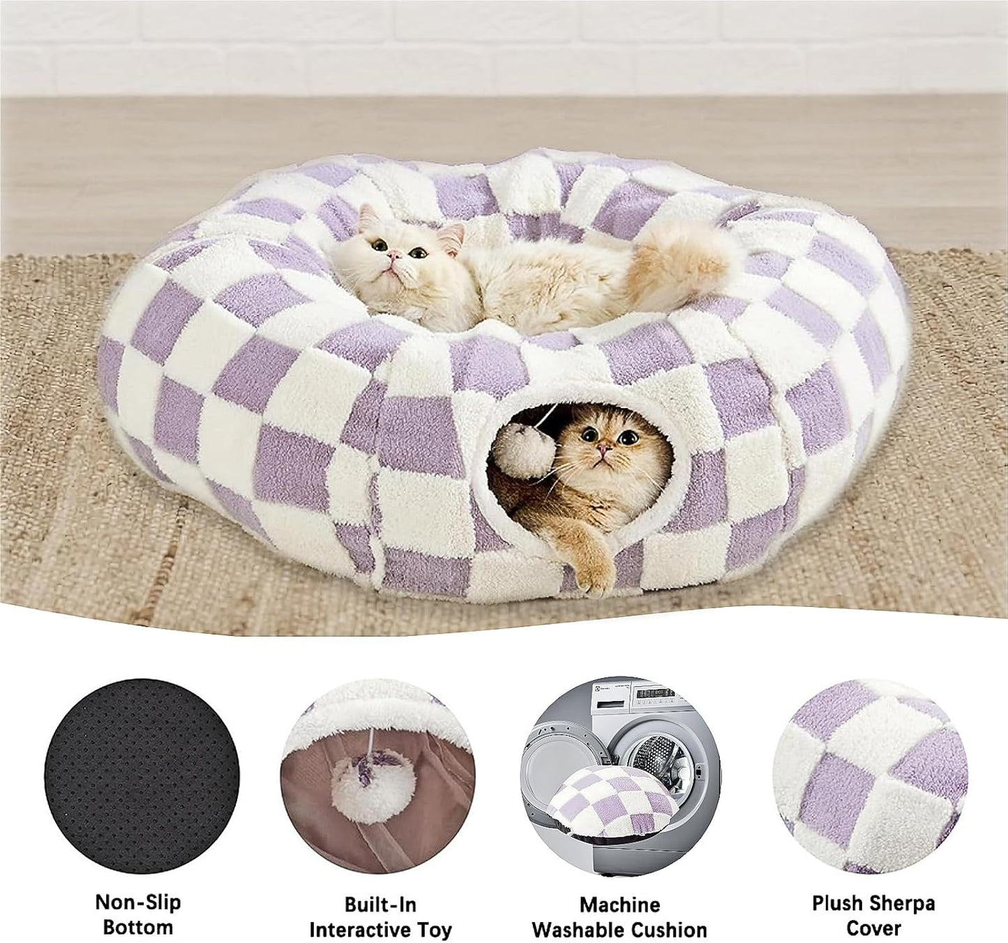 Cat Tunnel Bed with Washable Cushion for Indoor Cat, Donut Cave Tube Toys for Kitten Puppy Rabbit, Purple