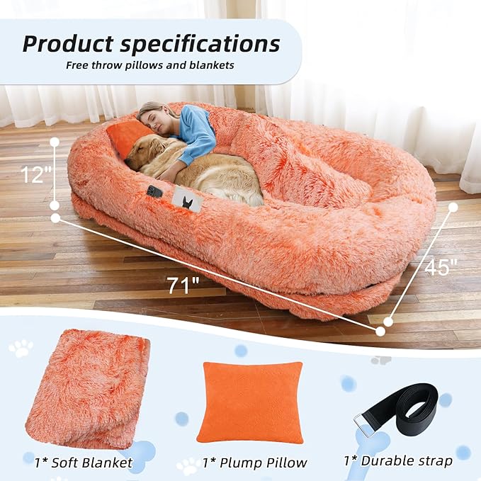 Human Dog Bed, 71''x45''x12'' Size Fits You and Pets, Washable Faux Fur Pet Bed for People Doze Off, Napping Orthopedic Dog Bed, Present Plump Pillow, Blanket, Strap - OrangeWhite