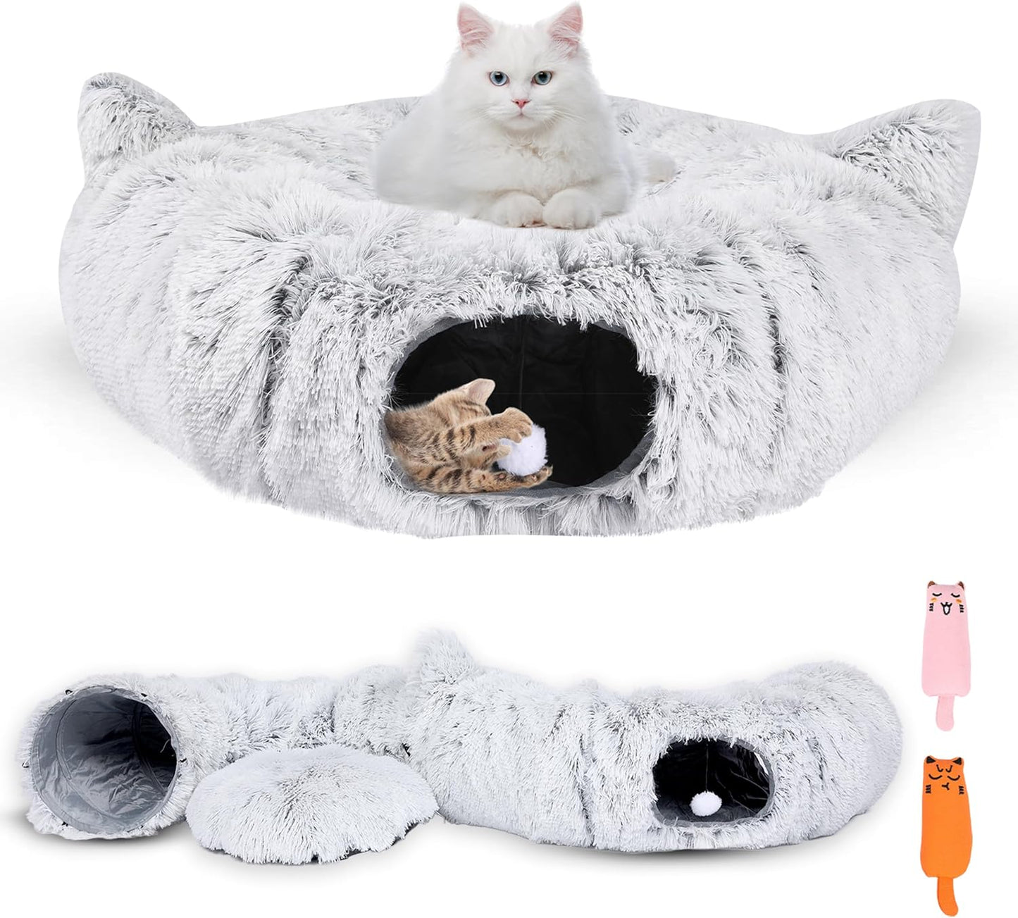 Cat Tunnel Bed Cave with Catnip Toys - Peekaboo Cat Hideaway & Cat Donut Tunnel - 3-in-1 Cat Tunnels for Indoor Cats - Foldable Cute Cat Bed - 32" Washable