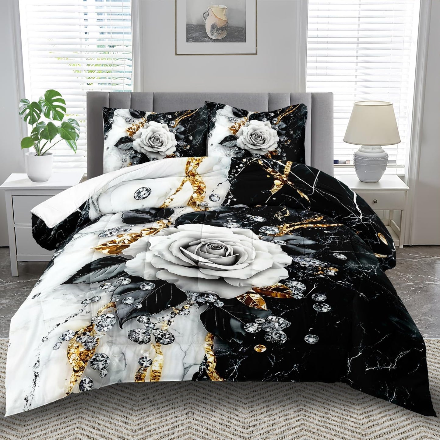 Marble Floral Comforter Set for King Bed Women,Vintage Flower Bedding Set King,White and Black Comforter Rose Quilt for Girls,Rose Bedding Floral Bedroom Decor Adults