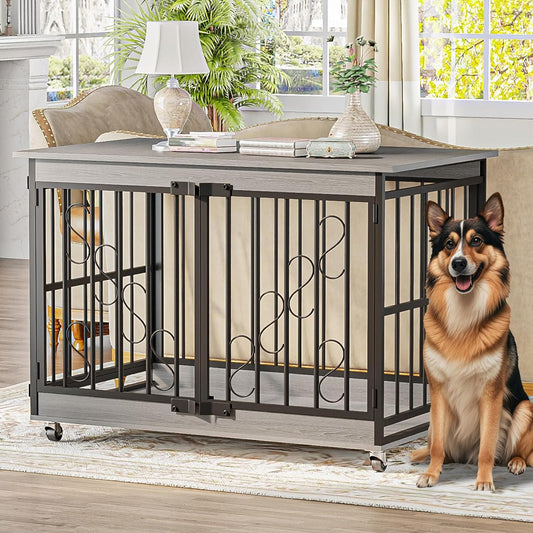 COZPAW Dog Crate Furniture, 48 Inch Dog Crates for Medium/Large Dogs, Farmhouse Wood Dog Kennel Indoor Heavy Duty Dog Cage with Caster Wheels (Gray)