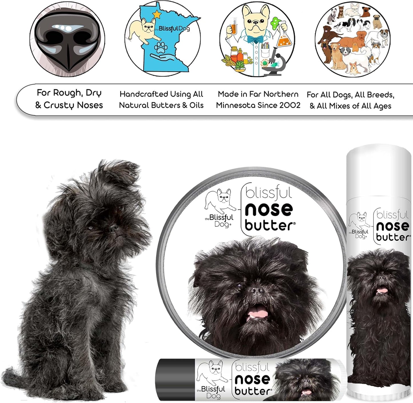 The Blissful Dog Affenpinscher Nose Butter for Dry, Cracked Skin, Lick-Safe Dog Nose Balm with Moisturizing Shea Butter, Almond, Olive, and Essential Oils, Pet Supplies, Uncented, 4 oz.