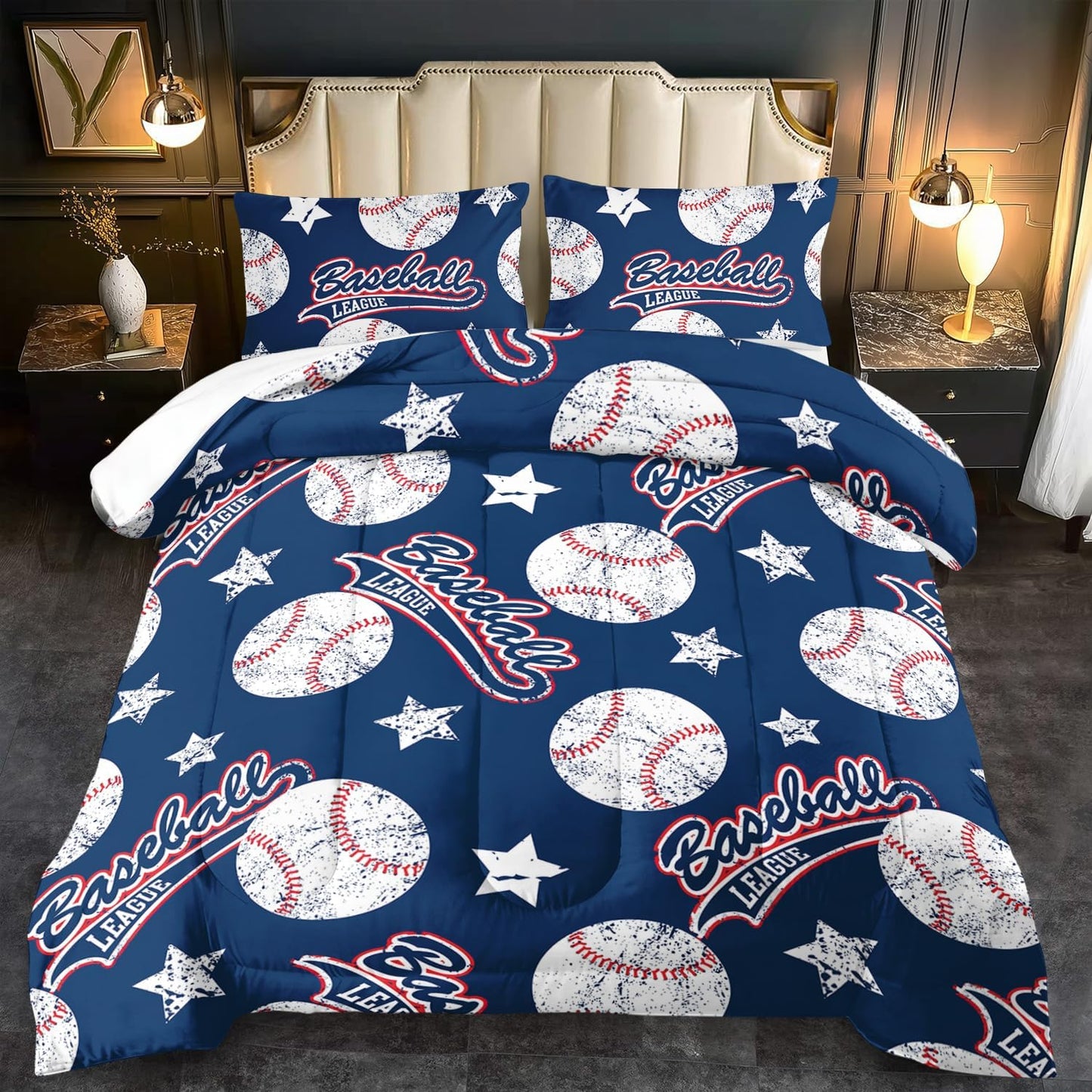 Baseball Comforter Set King,Sports Bedding Sets for Boys,Blue Sports Comforter King Bedroom Decor,Baseball Bedding Teen for All Seasons,Blue Quilt Kids Bedroom Decor