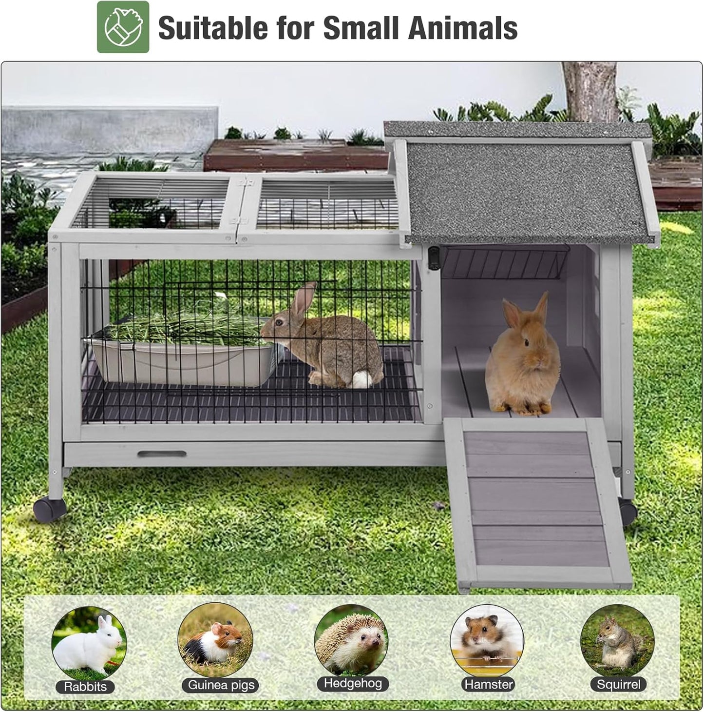 Wooden Rabbit Hutch Indoor and Outdoor, Rabbit Cage with Removable Wire Netting and Leak Proof Tray, Mobile Bunny Cage with Wheels