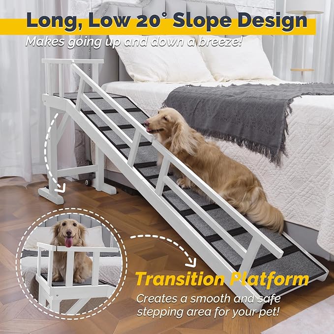Dog Ramp for Bed or Couch, Wooden Pet Ramp with 20° Gentle Slope, Removable Side Rails, Non-Slip Surface, Top Platform & Wheels, Safe Bed Ramp for Small, Medium & Senior Dogs, 74" Long, White