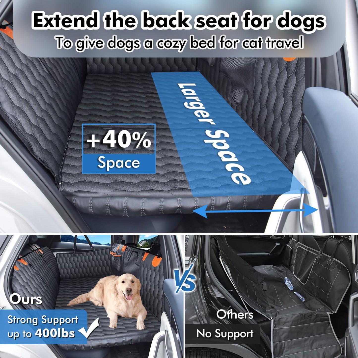 XL 3-in-1 Convertible PU Leather Dog Car Seat Extender & Booster Seat – 400lb Capacity, Waterproof, Hard Bottom, Scratch-Proof Hammock for Cars & SUVs