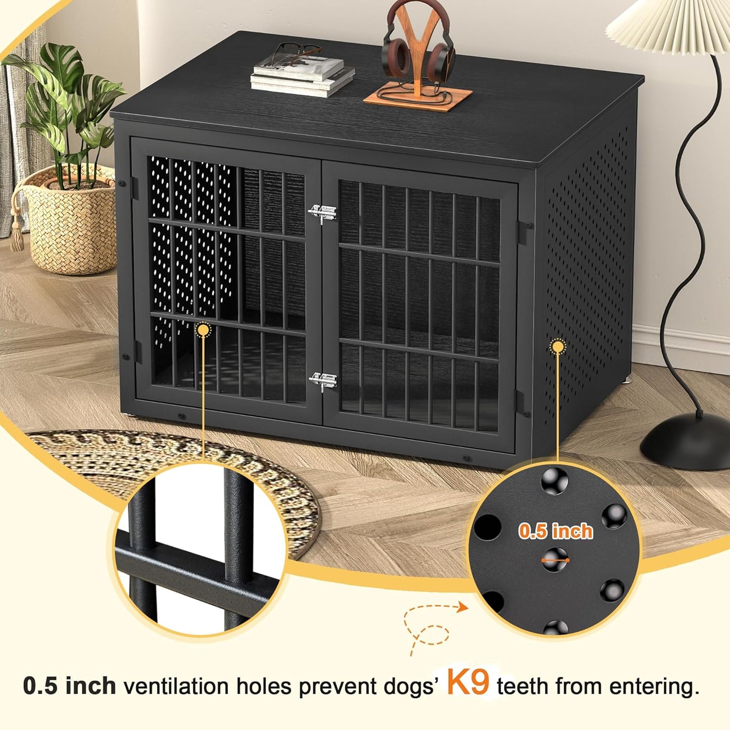 42" Heavy Duty Dog Crate Furniture for Large and Medium Dogs, Enclosed Design Wooden Metal Kennel, Wooden Cage Furniture Indoor, Decorative Dog Kennel End Table