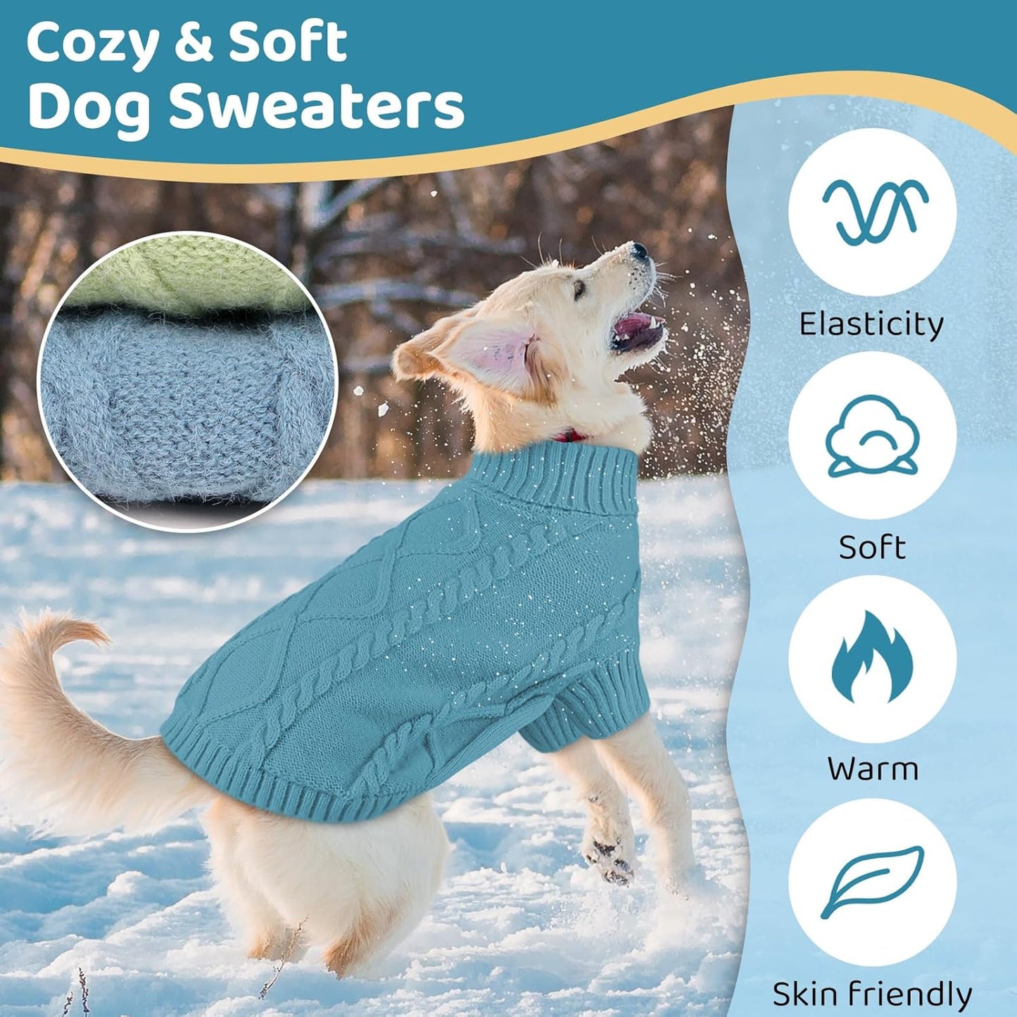 Queenmore Small Dog Pullover Sweater, Cold Weather Cable Knitwear, Classic Turtleneck Thick Warm Clothes for Chihuahua, Bulldog, Dachshund, Pug (Peacock Blue, X-Large)