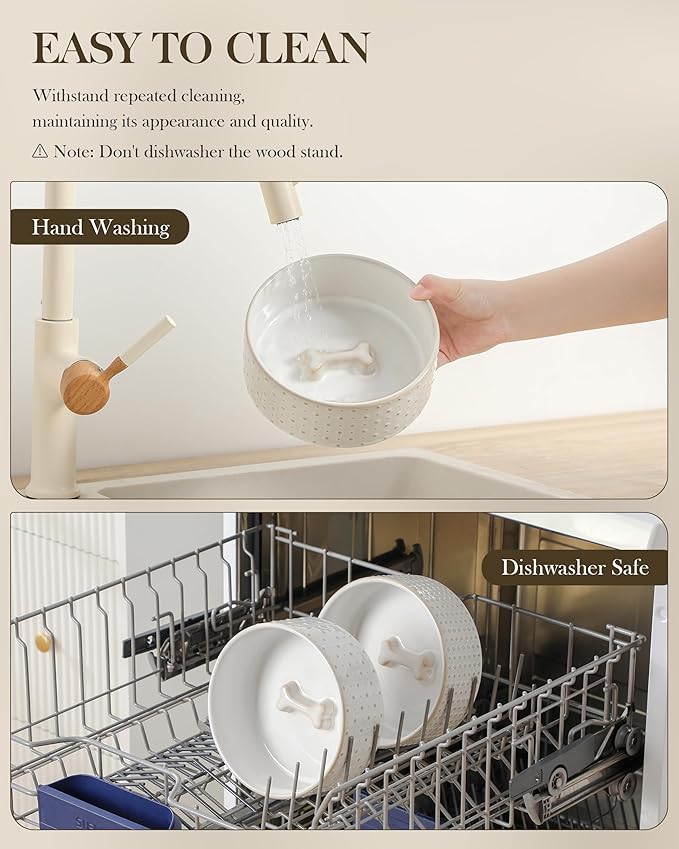 MALACASA Dog Bowl Set with Walnut Wood Stand, 3.5 Cups Ceramic Pet Bowls for Puppy Dogs, Dual Food and Water Bowls with Weighted Non-Slip Base, Basic Bowls for Your Dog or Cat, Rhombic & Polka Dots