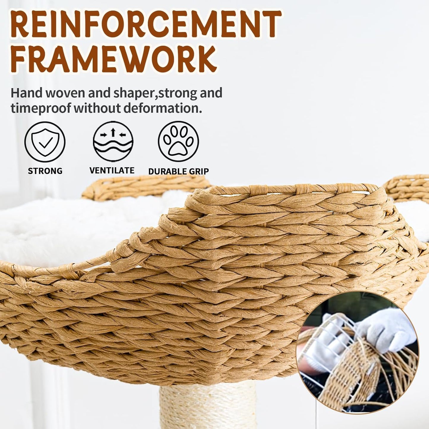 Big Modern Design Cat Tree Tower with White Cloud Mat, Unique Cat Supplies Tower with Scratching Post, Cute Wood Cat Tree Cat Furniture Activity Centre for Indoor Big Cats