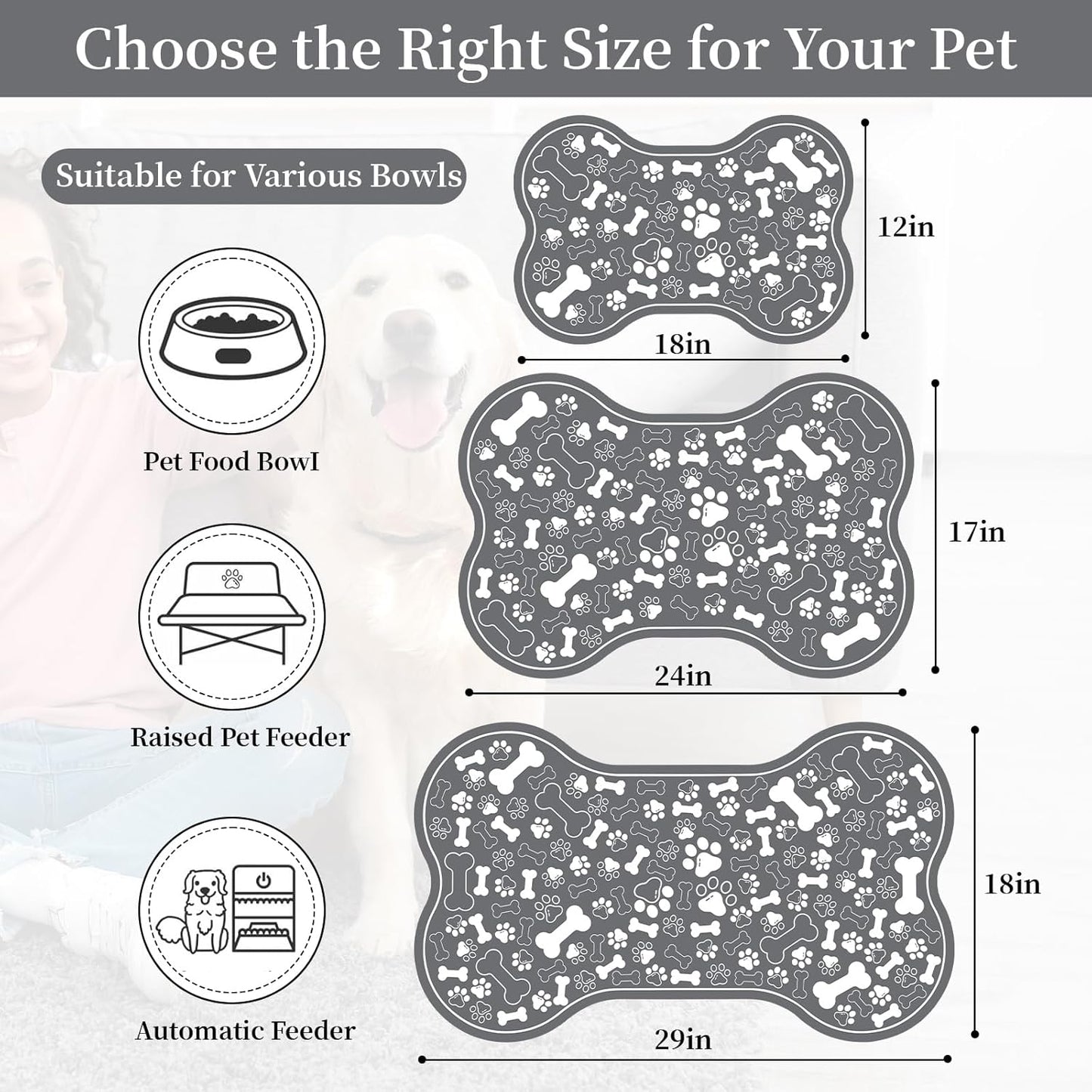 Dog & Cat Food Mat Bone Shaped Pet Feeding Mat Quick Absorb Water Bowl Placemat with Rubber Backing Indoor Floor Stain Resistant Pet Accessory Supplies (Dark Gray, 16x24 Inches)