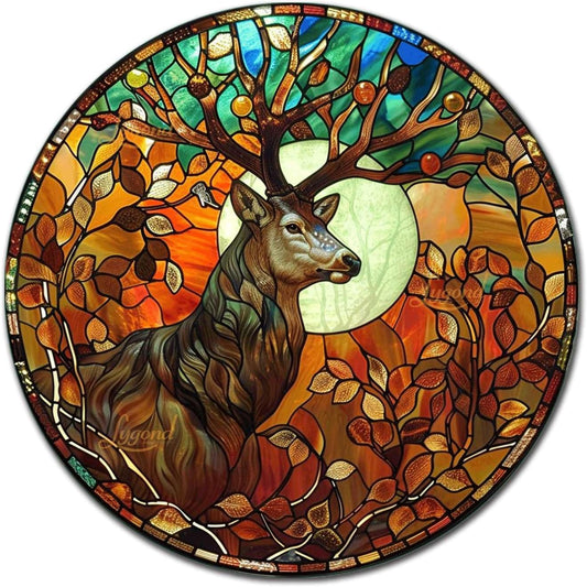 Lygond Metal Sign Tin Sign Circular Stained Glass Deer Gift For Gift 12×12 Inches