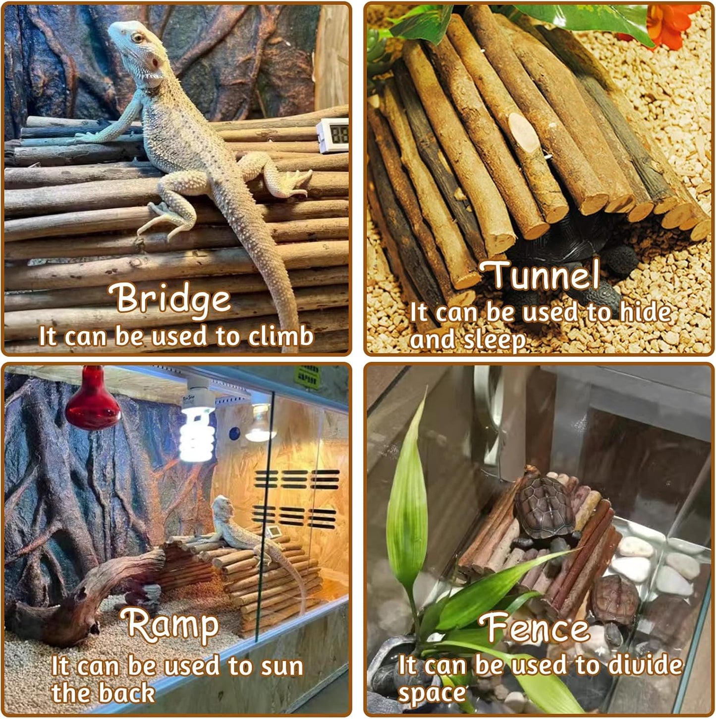 BNOSDM 12.99"x 18.89" Reptile Hideout Wooden Bridge Lizard Hide Caves Bearded Dragon Habitat Accessories for Gecko Snake Frog Chameleon Iguana Tortoise