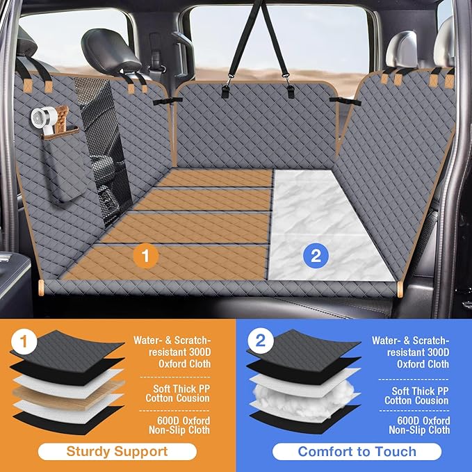 Dog Car Seat Cover for Back Seat, Dog Car Bed Cover with Strong Hard Bottom, Car Back Seat Extender Hammock for Car SUV Truck 4 Panels Gray Color Large Size