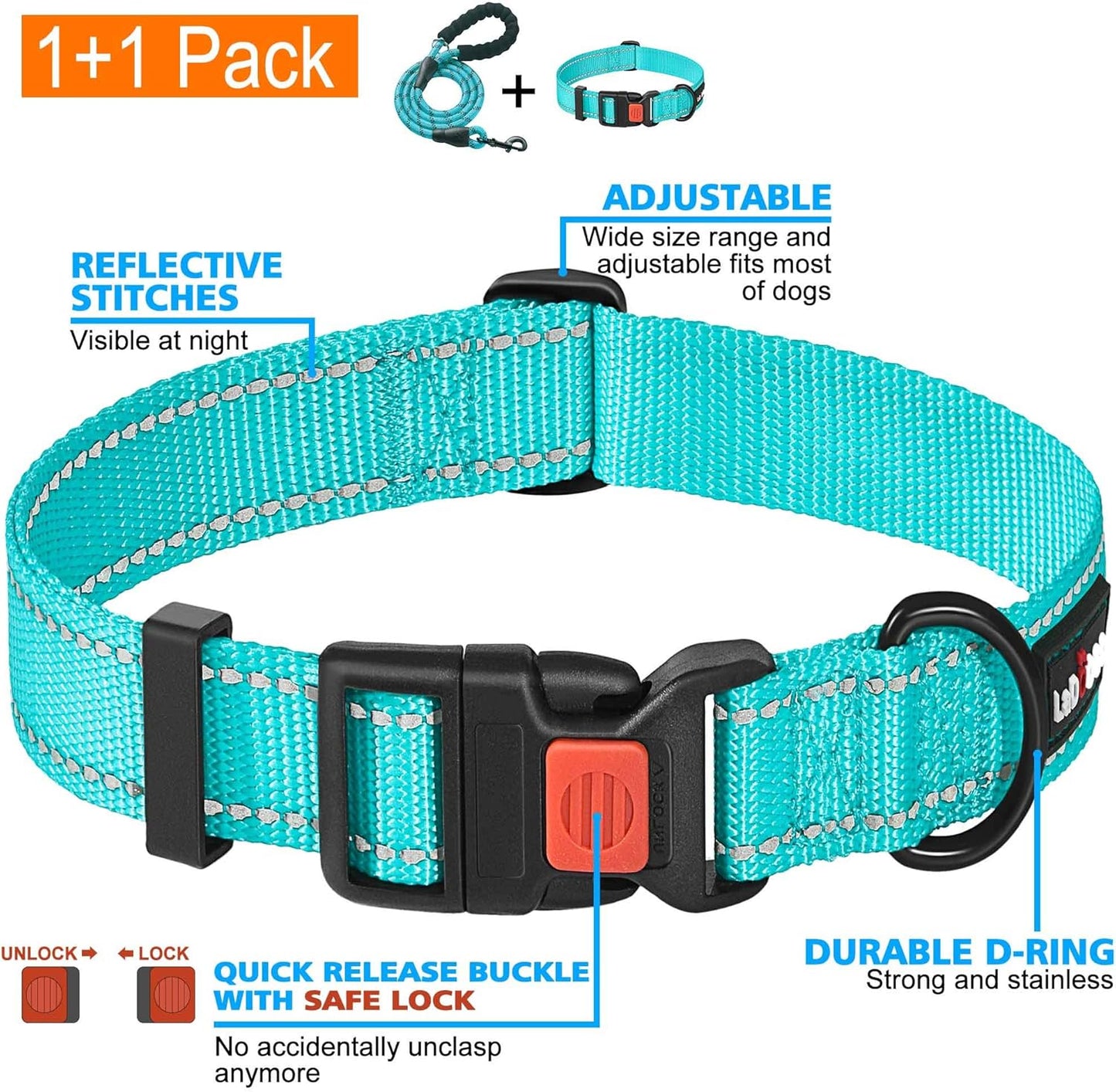 Heavy Duty Dog Leash - Comfortable Padded Handle, 5 ft Long - Dog Leashes for Small Medium Large Dogs (Leash+Collar XS Neck 10.5"-13.5", Blue)