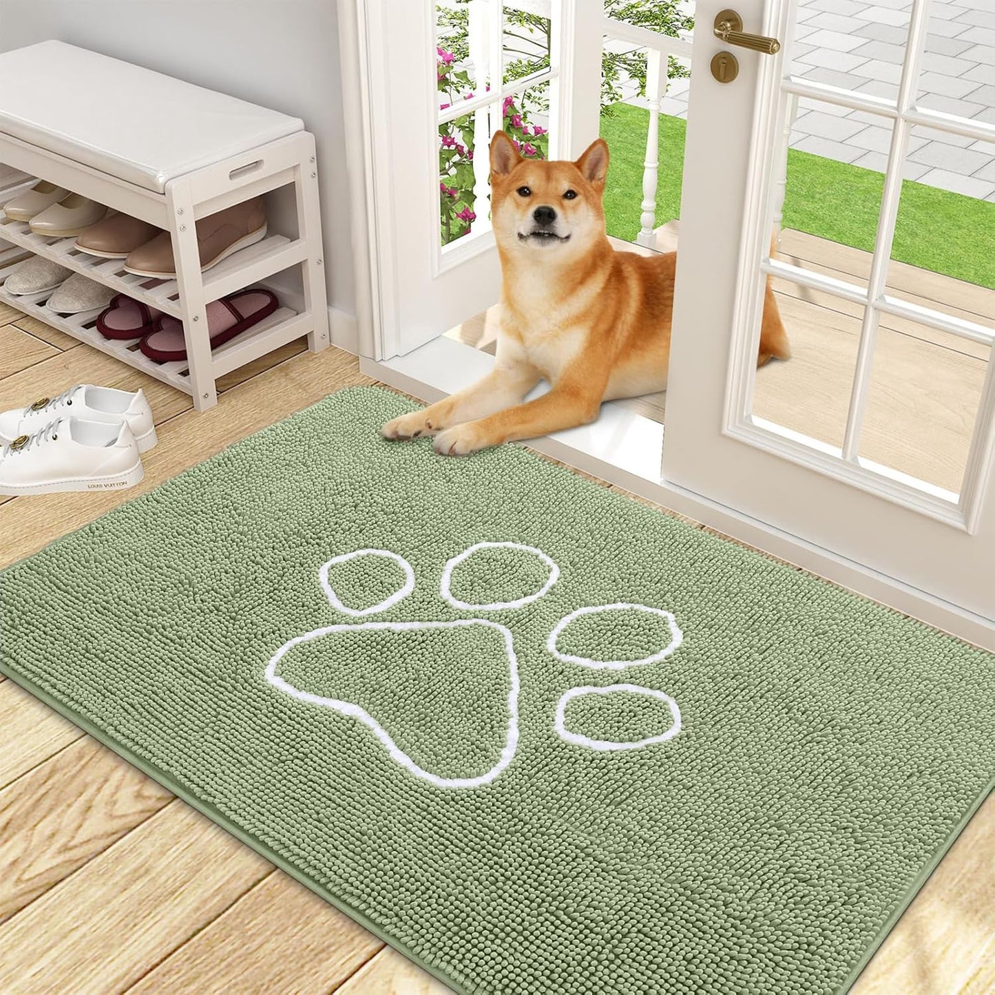 OLANLY Door Mat for Muddy Dog Paws 48x30, Ultra Absorbent Chenille Mud Doormat with Paw Print Design, Non-Slip Washable Doormat for Indoor Entryway, Quick-Dry Pet Bed Mats for Dirty Dogs, Sage Green