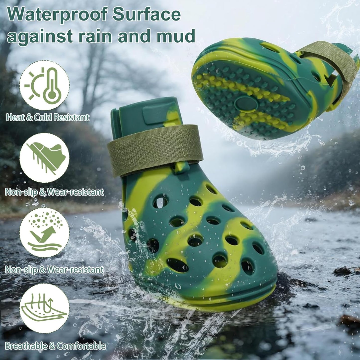 Dog Shoes for Hot Pavement and Snow, Silicone Dog Booties for Small Medium Large Dogs, Waterproof Paw Protectors- Non-Slip, Adjustable Straps, Dog Boots for Beach/Rain/Hiking (Green, M)
