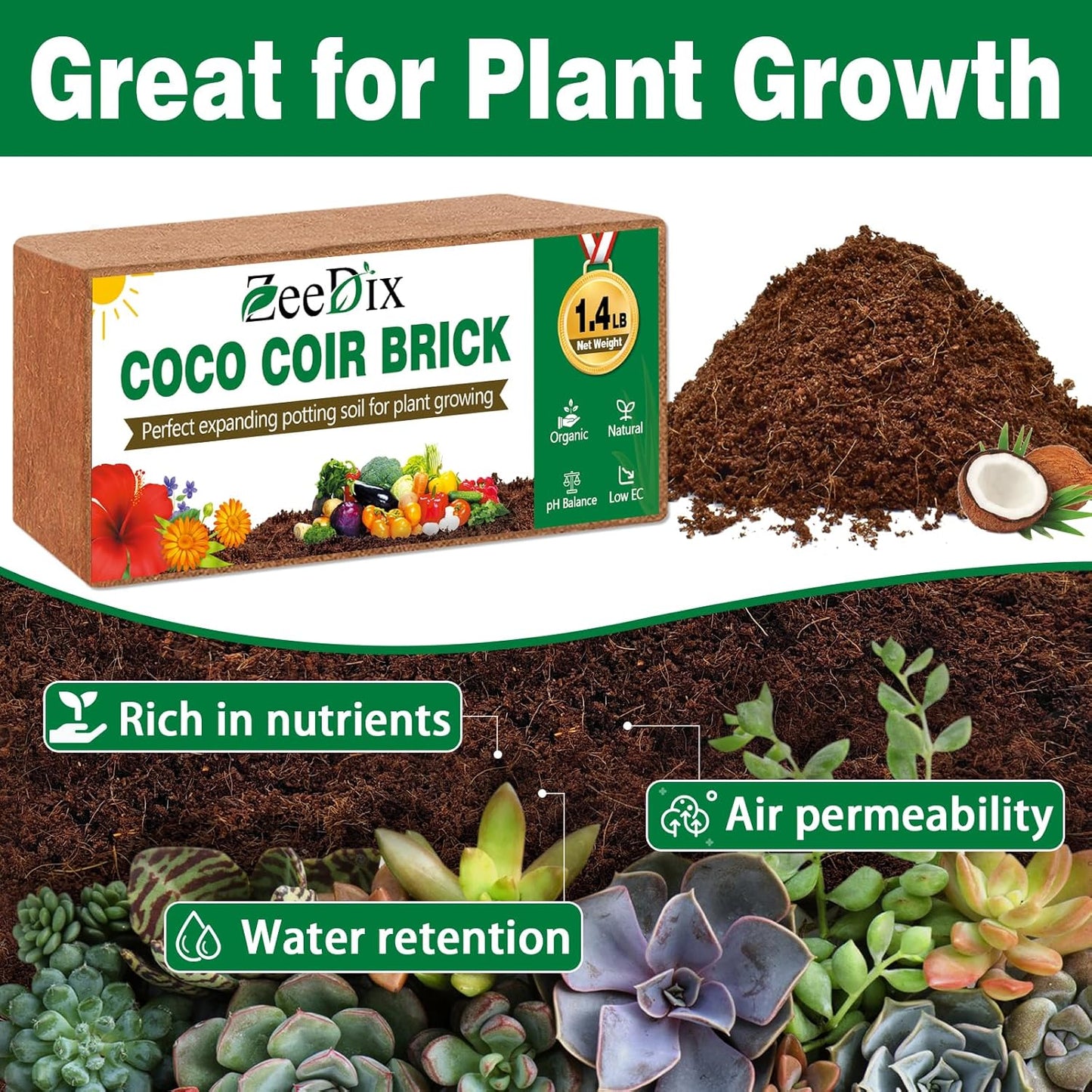 ZeeDix 4 Pcs Premium Coco Coir Brick - 100% Organic Compressed Coconut Coir Starting Mix, Coco Fiber with Low EC and PH Balance for Gardening, Potting Soil, Herbs