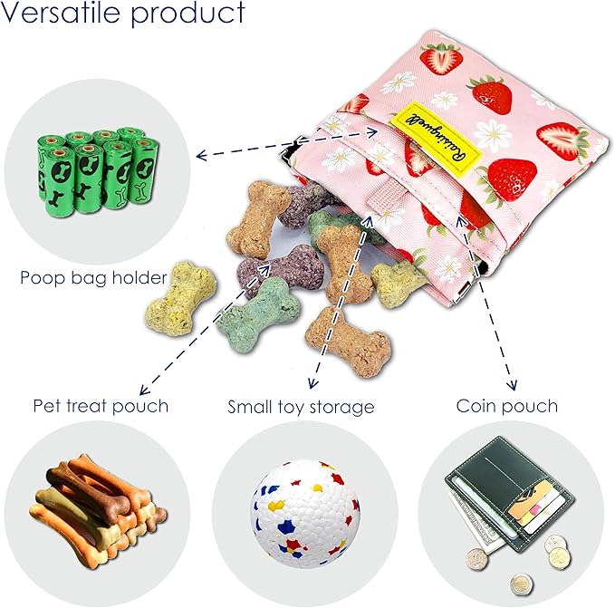 Dog Treat Pouch,Cotton Pocket Sized Training Holder, Hand Free Walking Funny Bag with Carabiner, Self-Closing Pet Feed Snack Reward, Behavior Aids for Puppy Travel or Outdoor Use（Strawberry）