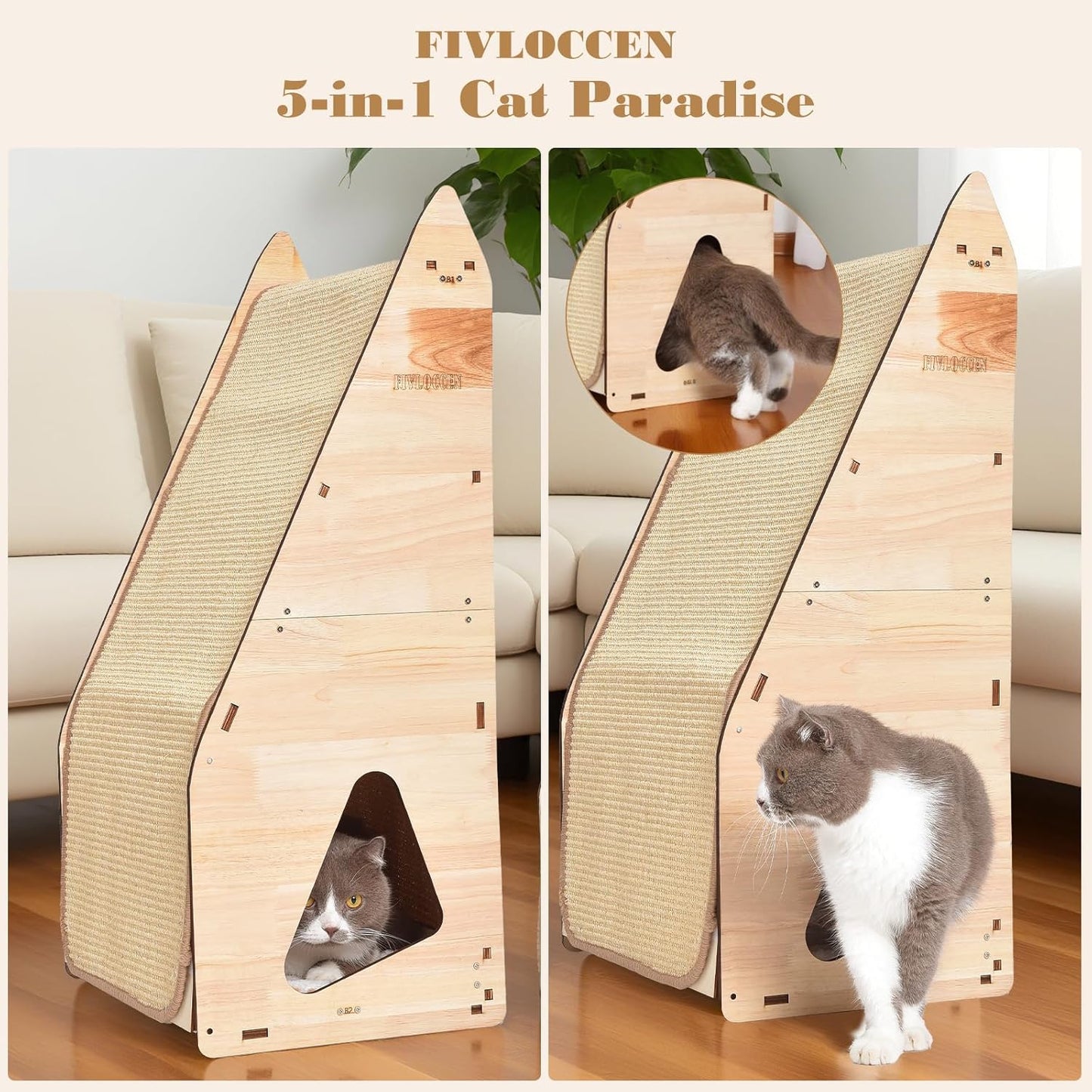 32in Cat Scratching Posts for Indoor Cats: Replaceable Sisal Mats & Sturdy 3D Wood Frame, Integrated Cat Condo, Hideout, Tunnel, All-in-One Space Saver for Multi-Cat & Budget-Friendly Homes