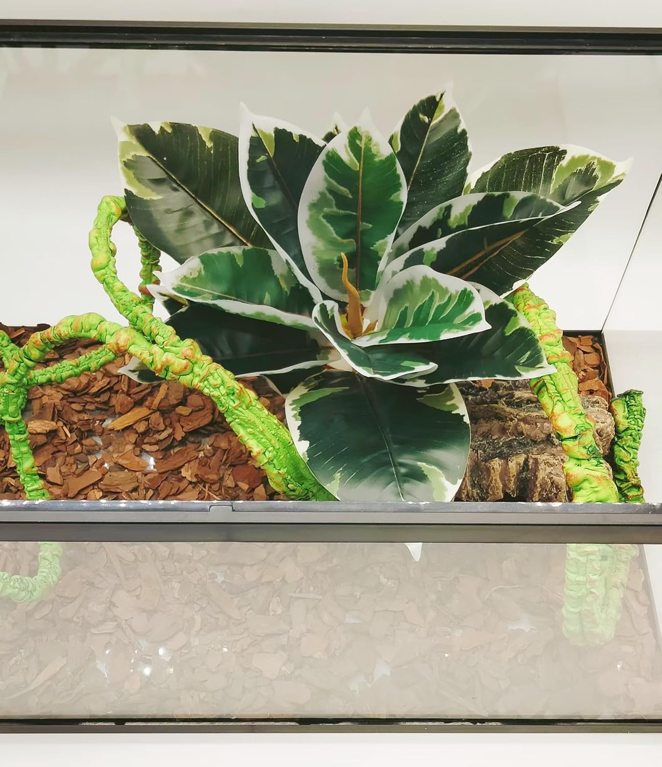 Reptile Plants Terrarium Reptile Tank Decorations for Bearded Dragon Lizard Snake Geckos Chameleon Amphibian Habitat Terrarium Decor (Green+White)