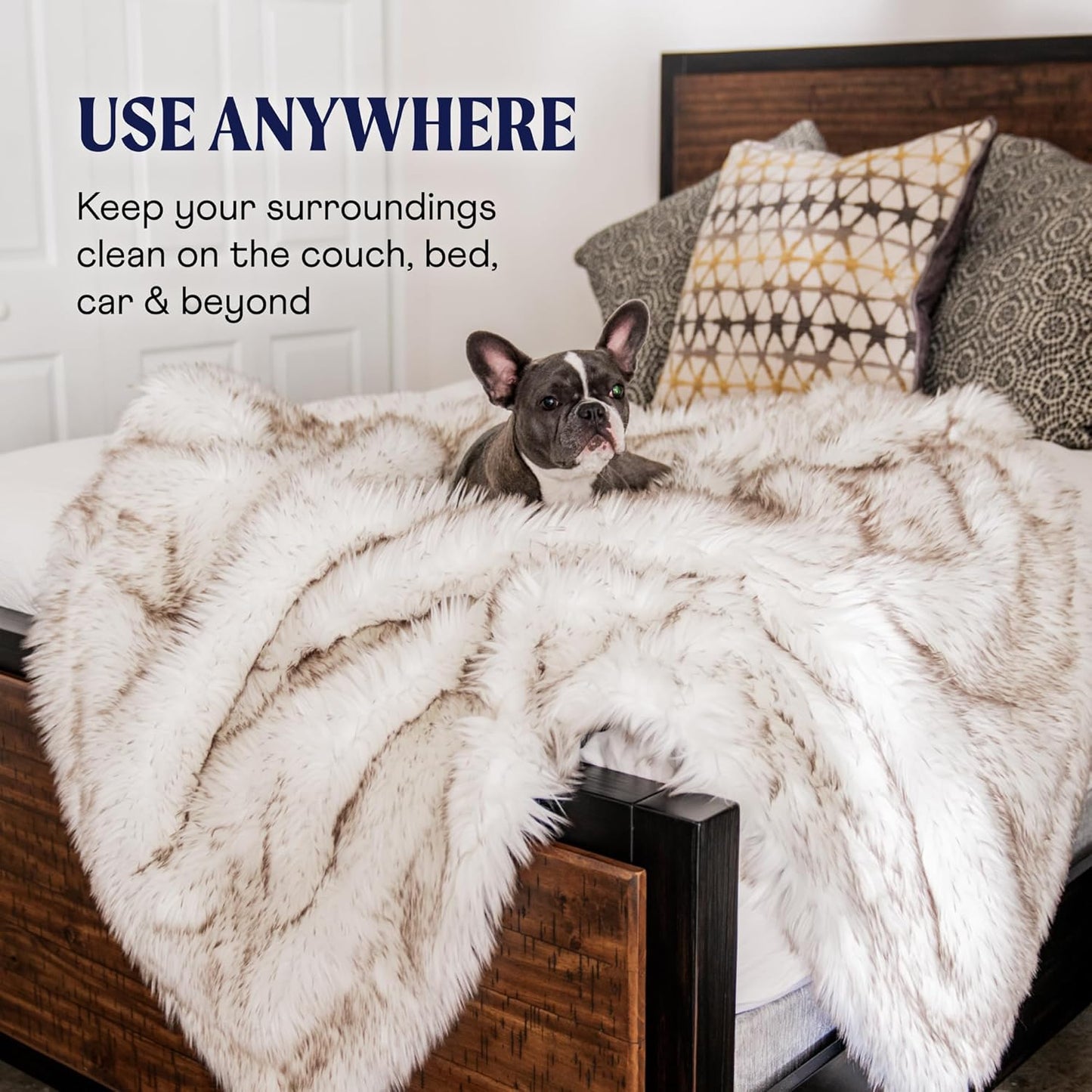 PupProtector Waterproof Throw Blanket for Dogs and Cats, Pet Blanket Cover for Couches, Sofas, Beds, Car Seats, Furniture, Calming Soft Faux Fur, White with Brown Accents, Original (60" L x 50" W)