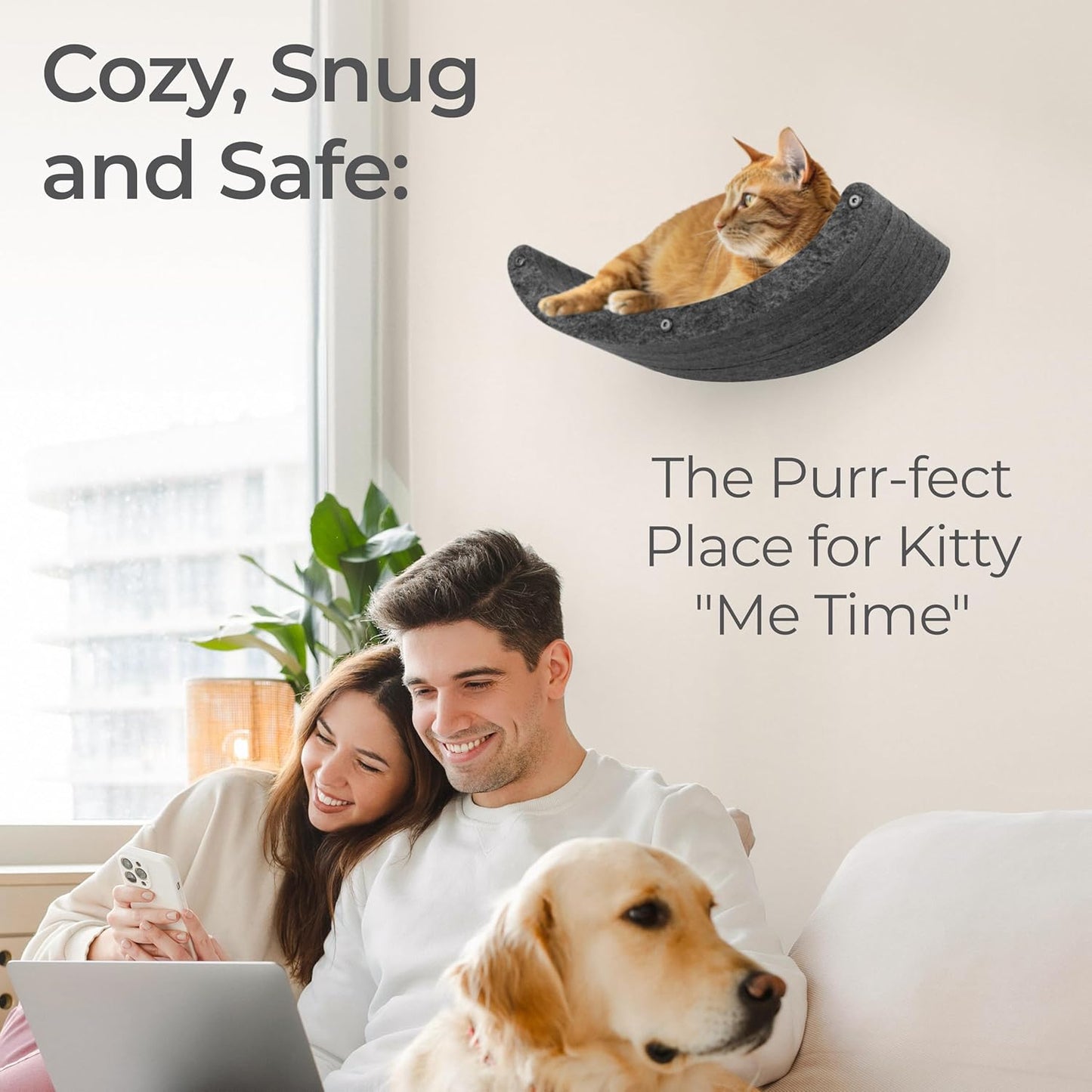 Wall Mounted Cat Hammock Bed by Pryde Pets - Floating Perch Curved Shelf, 100% Sustainable PET Felt Feline Enrichment Climber Furniture for Indoor Cats, Modern Climbing Gym Jungle Design (Charcoal)