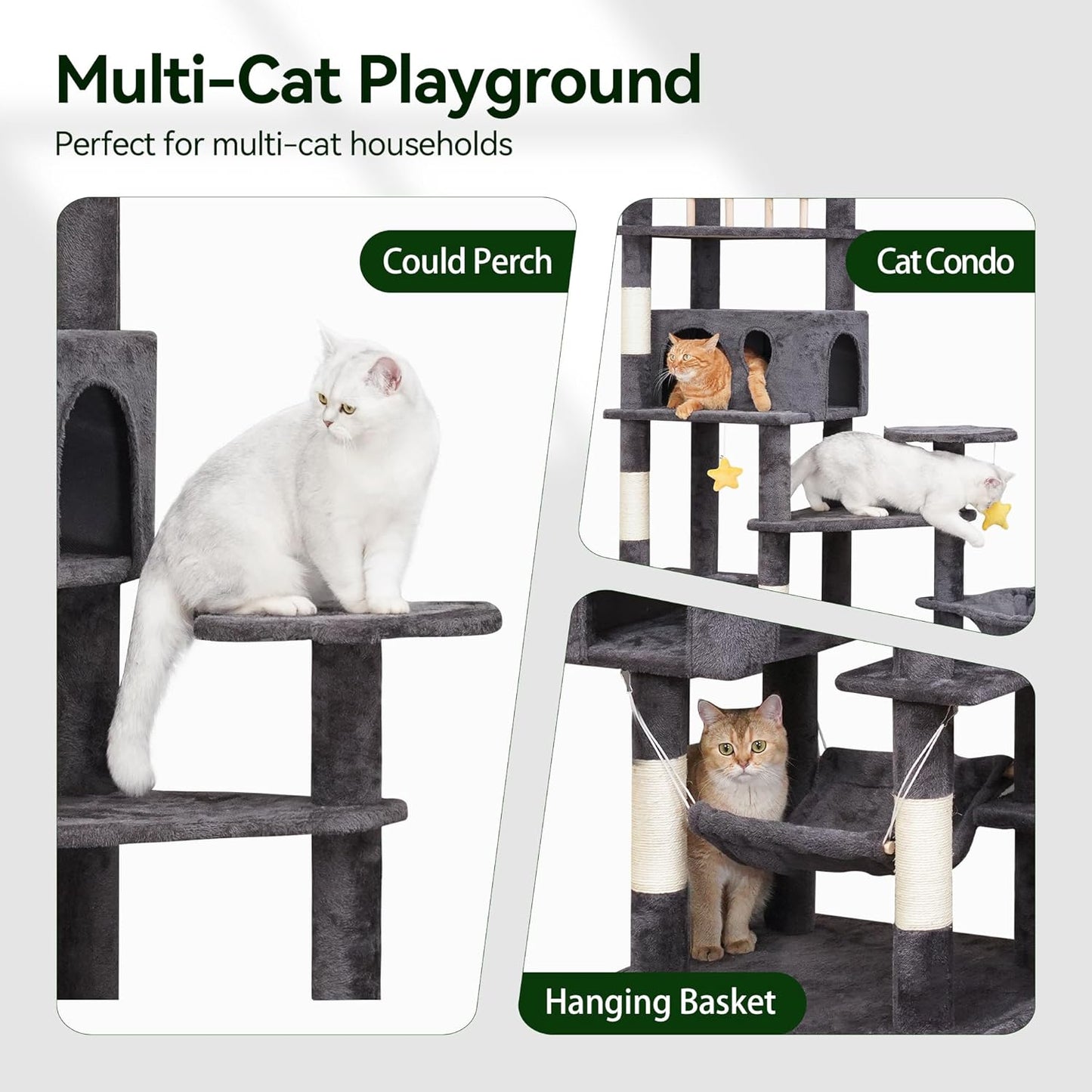 85in Giant Cat Tree for Heavy Duty Big Cats, Large Cat Trees with Scratching Post, Cat Tree Tower with Cat Condos, Hammock & Plush Perch for Maine Coon, Smoky Gray