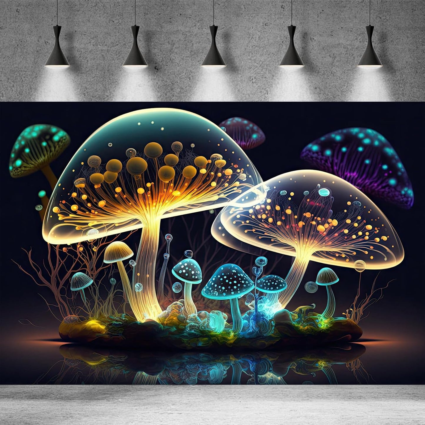 Mushroom Aquarium Background Abstract Glowing Fantasy Mushrooms Terrarium Background Mysterious Forest Magical Night In Circle Shape Crystal Glass Fish Tank Backdrop Decorations Vinyl 72x24in