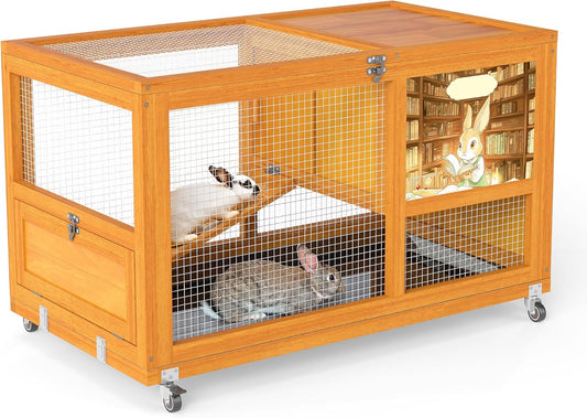 COZIWOW Wooden 36Inches Rabbit Hutch Indoor with Wheels Bunny Cage Outdoor Rabbit Cage with Clean Tray, Openable Roof, Anti-Slip Ramp for Small Bunny (Orange with Pattern)