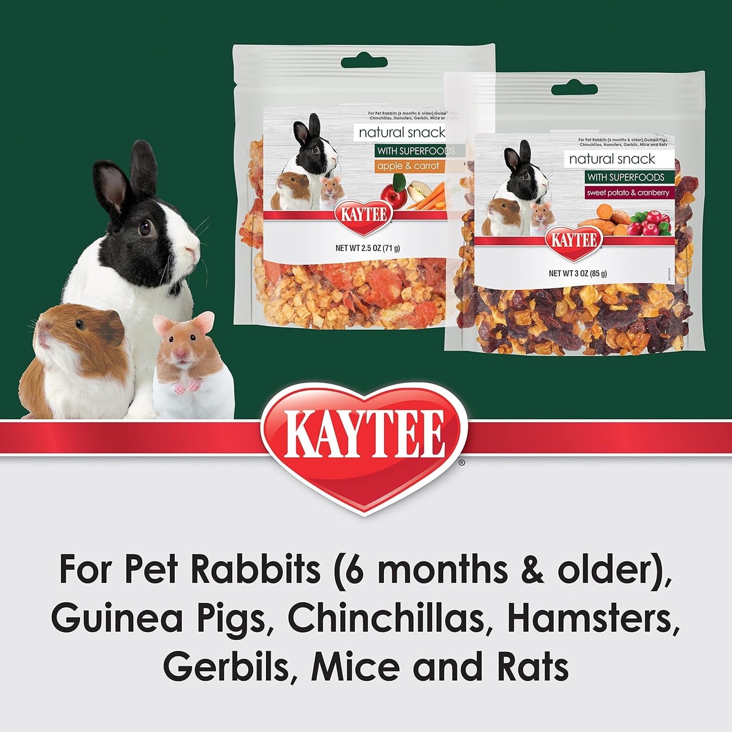 Kaytee Natural Snack with Superfoods for Pet Guinea Pigs, Rabbits, Hamsters, and Other Small Animals, Apple & Carrot, 2.5 Ounces (Pack of 2)