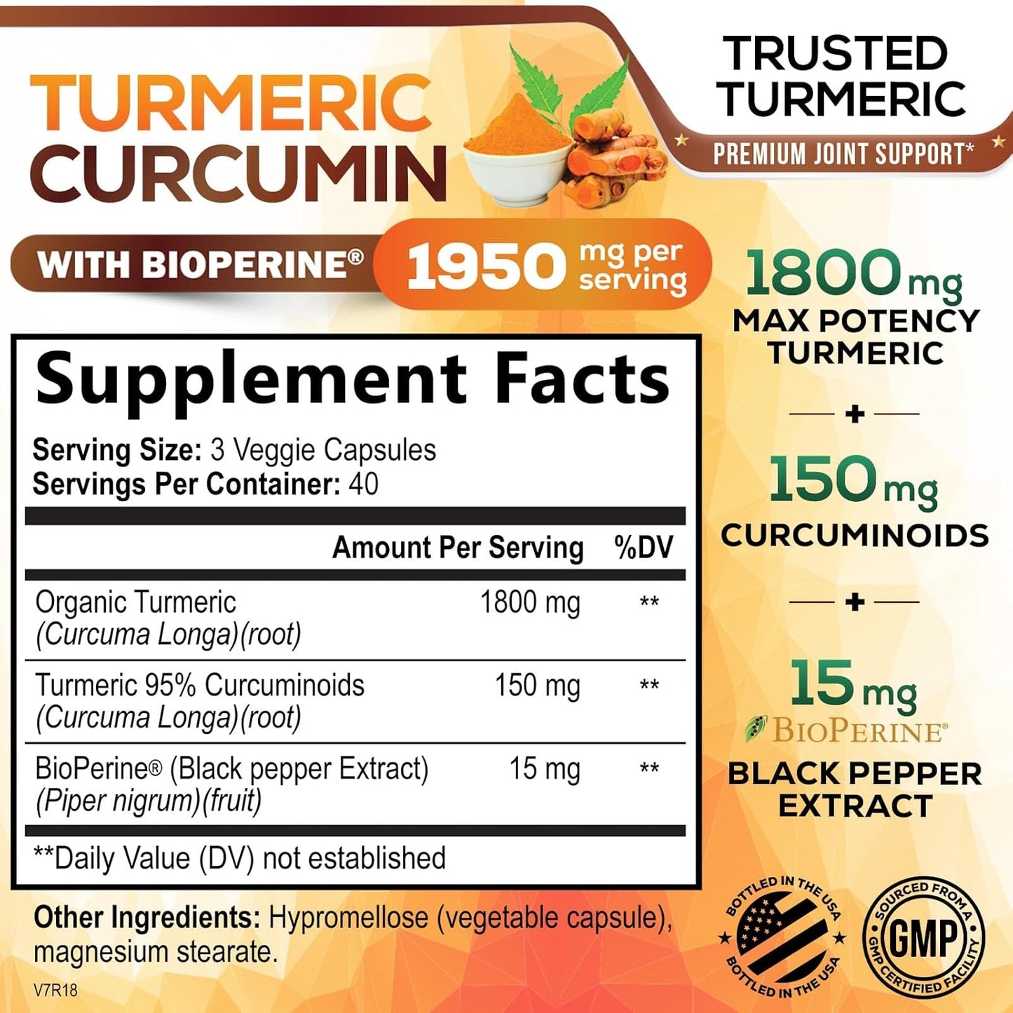 Turmeric Curcumin Supplement 1950mg - 95% Curcuminoids with Organic Turmeric & BioPerine Black Pepper Extract for Best Absorption, Nature's Vegan Joint Support, Non-GMO, Bottled in USA - 120 Capsules