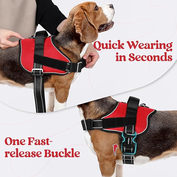 rabbitgoo Dog Harness for Large, Easy On Pet Vest with One Buckle, No Pull Adjustable Service Harness with D-Ring & Handle, Reflective for Safety Walking, Training, Red, L