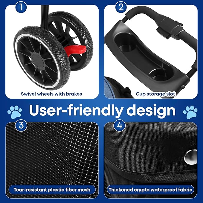 Pet Stroller,Dog Stroller for Small Medium Dogs Cats,3 Wheels,Foldable,with Breathable Mesh Canopy,Cup Holders,Easy Assembly,Blue+Black