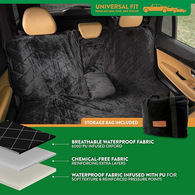 Plush Paws Products Luxury Rear Car Seat Protector w/Hammock | Washable & Waterproof Back Seat Dog Cover for Car, Truck, & SUV | Nonslip, Tear Resistant Pet Seat Cover | Regular Charcoal